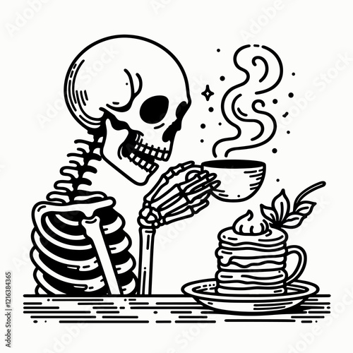A whimsical illustration of a skeleton enjoying a cup of coffee beside a stack of pancakes, evoking a playful yet eerie vibe.