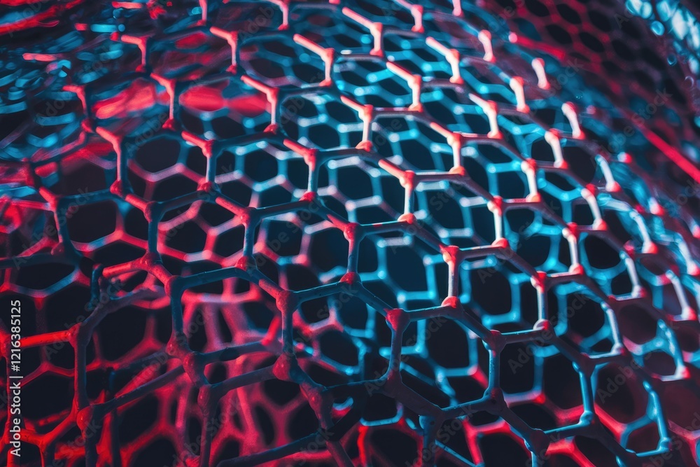 Fototapeta premium Abstract hexagonal lattice structure illuminated with vibrant red and blue lighting, creating a visually striking pattern.