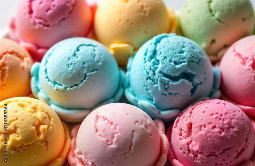 Colorful ice cream scoops arranged on white background. Multicolored ice cream balls of different flavors like green, yellow, pink look delicious. Close-up photo of colorful scoops. Ice cream perfect