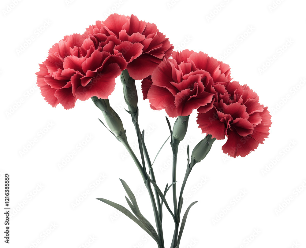 Vibrant red carnations elegantly arranged with delicate green stems bring joy to any setting during springtime isolated on transparent background