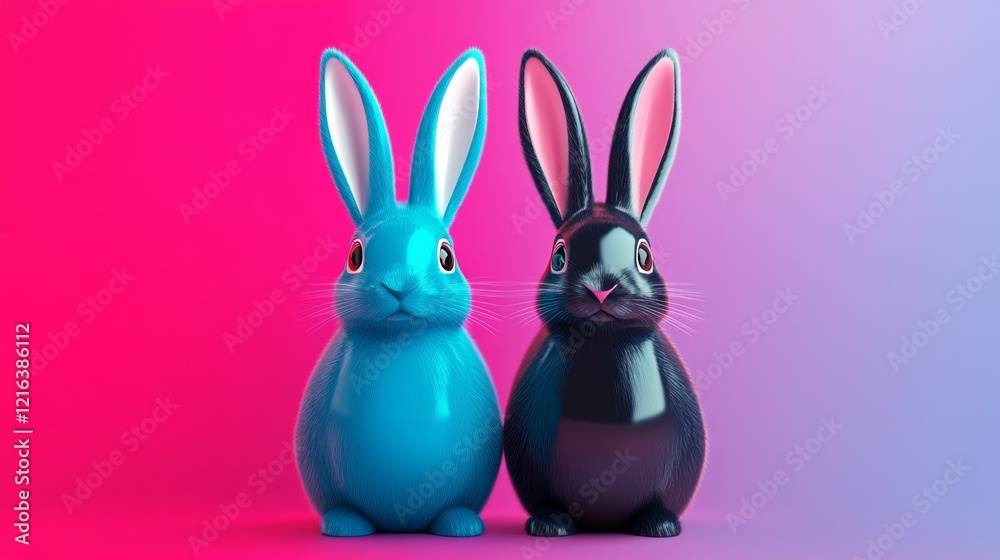 Fototapeta premium Two rabbits, one blue and one black, are standing next to each other on a pink background