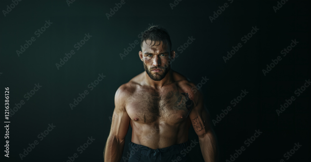 Fototapeta premium Strong and resilient fighter showcases determination after an intense match under dramatic lighting in a training space