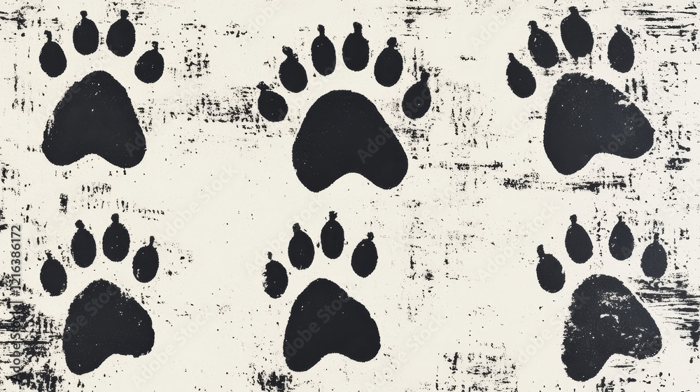 Fototapeta premium Black animal paw prints on white background, Repetitive paw print pattern, Rustic distressed look art