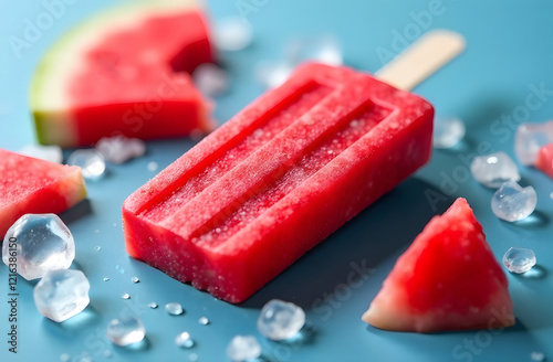 Ice cream popsicle watermelon with ice cube and lime on blue background, top view, copy space, flat lay, close up, vertical photo