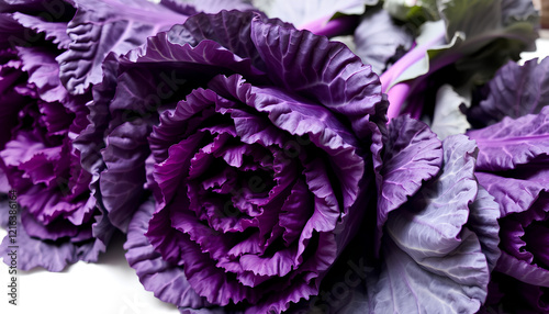 Purple cabbage plant with vibrant flowers and leaves in a garden setting photo