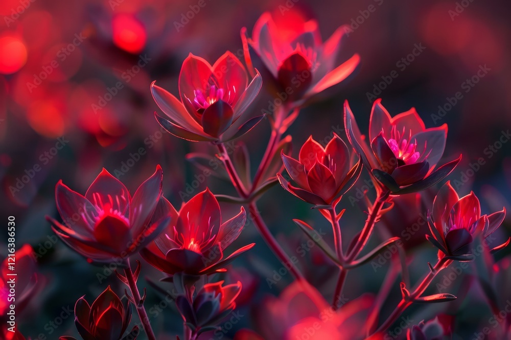 Vibrant red flowers blooming under a mesmerizing twilight glow, creating a magical and captivating floral scene Vibrant red flowers blooming under a mesmerizing twilight glow, creating a magical and captivating floral scene