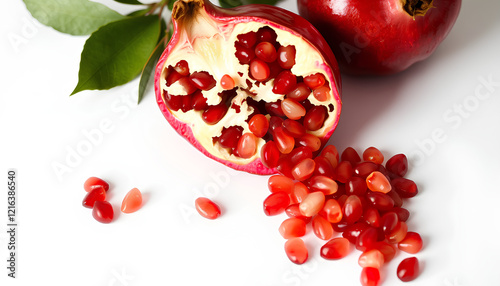 A ripe pomegranate with juicy seeds on a white background