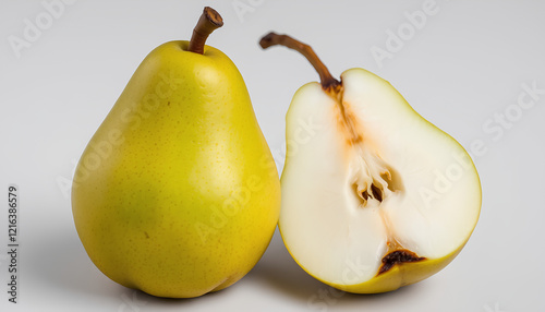 A fresh, ripe pear with a mix of green, yellow, and red colors, isolated on a white background, showcasing its juicy, sweet, and healthy qualities