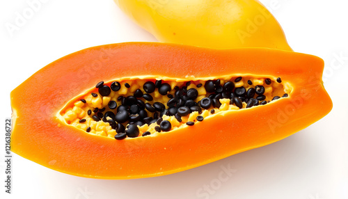 Fresh ripe papaya half with seeds on a white background