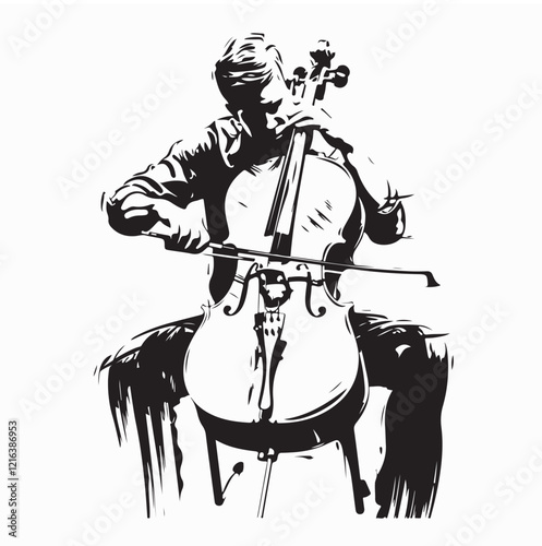 Black and white Double bass player Vector Images on white background.