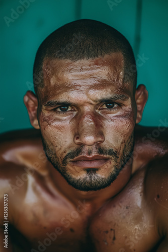 Tough fighter showing resilience after a challenging bout in a dimly lit gym, captured in an intense moment of reflection and determination photo