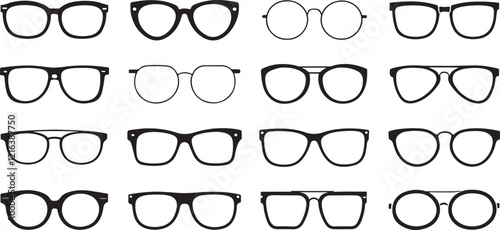 Set of eyeglass vector icons in multiple styles for branding, vision care, fashion, or optical-themed graphic projects