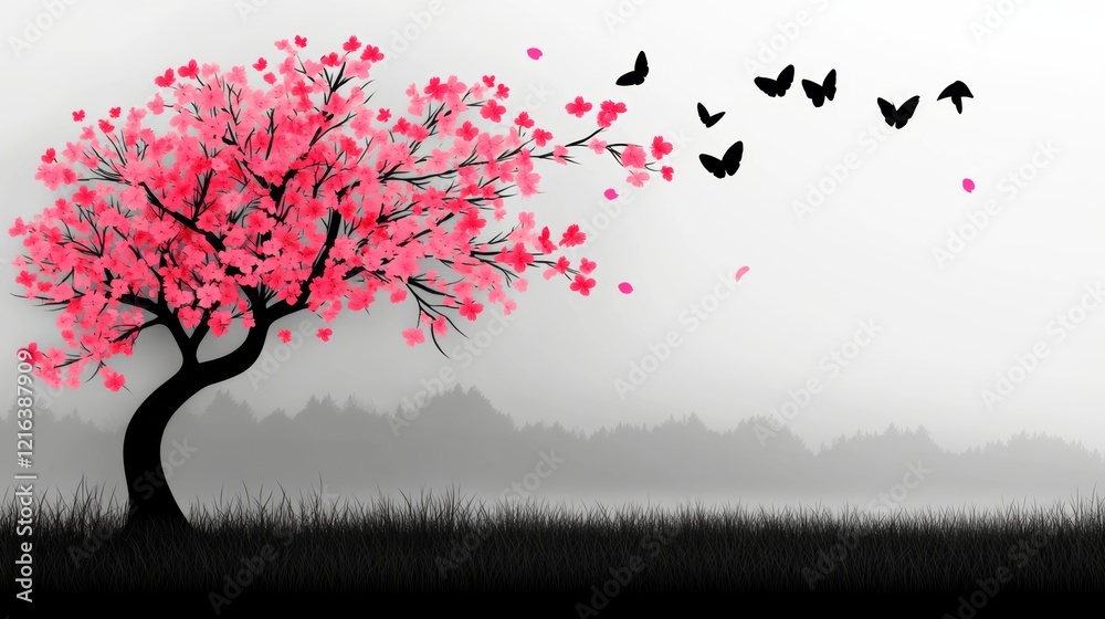 Fototapeta premium Tree with pink leaves and birds flying around it. The birds are in different positions and some are flying close to the tree while others are flying away from it. Concept of freedom and tranquility
