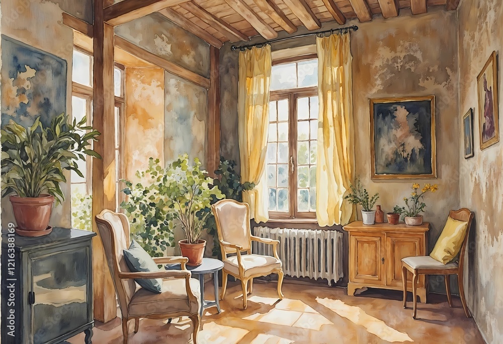 Fototapeta premium Cozy Sunlit Room With Warm Colors and Natural Elements Inviting Relaxation. Generative AI