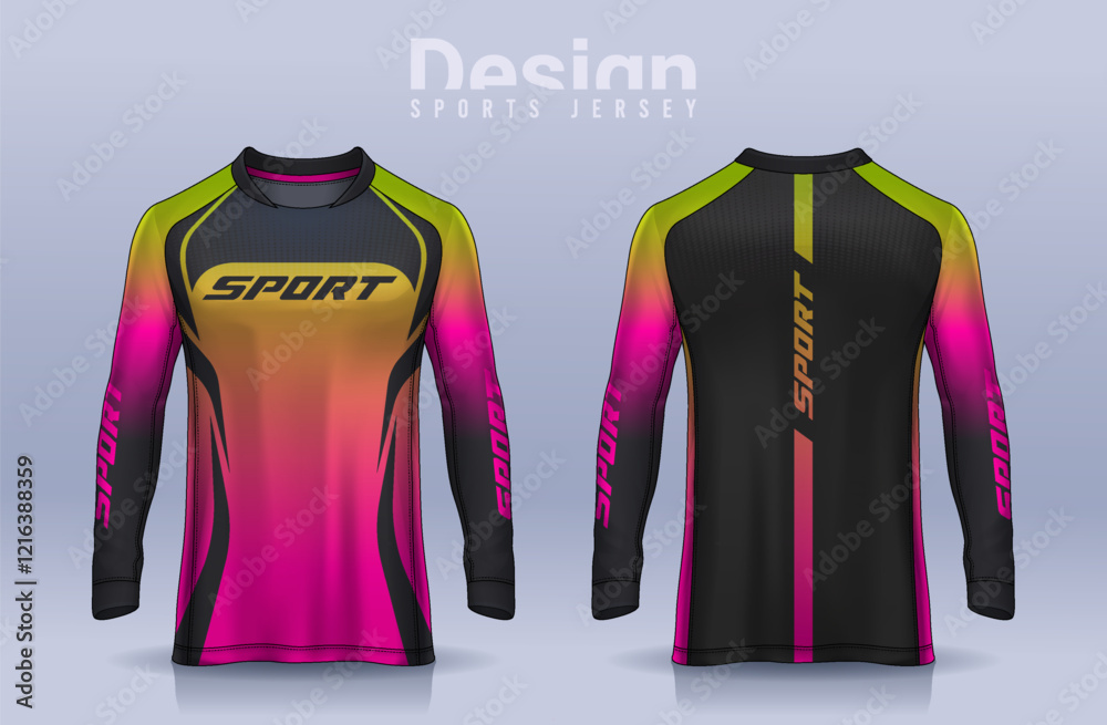 Fototapeta premium t-shirt sport design template, Long sleeve soccer jersey mockup for football club. uniform front and back view,Motocross jersey.