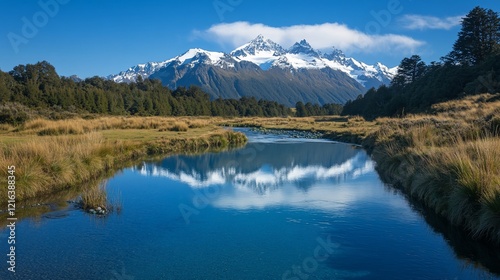 Snow-Capped Mountains Reflected in Calm River under Clear Blue Sky landscape nature