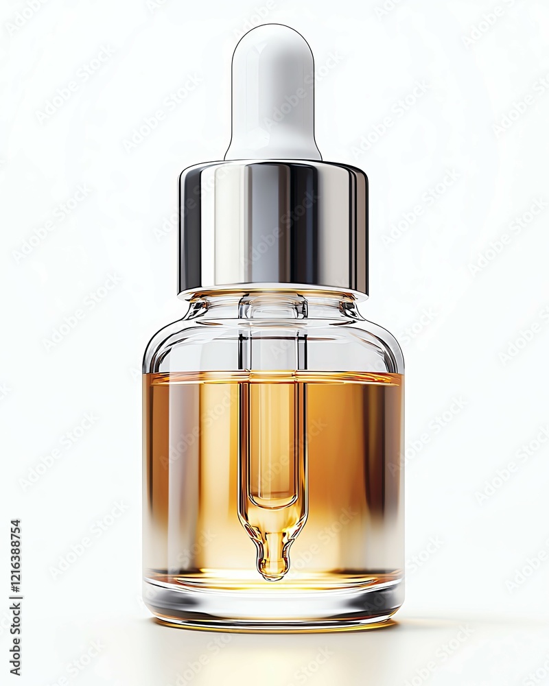 Naklejka premium Serum dropper bottle for skincare serum with golden serum oil on white background ,luxury serum dropper bottle , skincare product mockup minimal , golden facial oil branding
