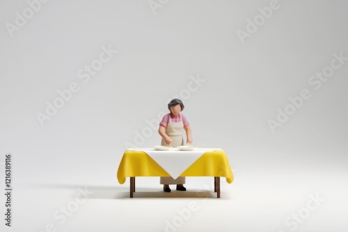 A miniature figurine of a woman setting a yellow tablecloth table with plates.