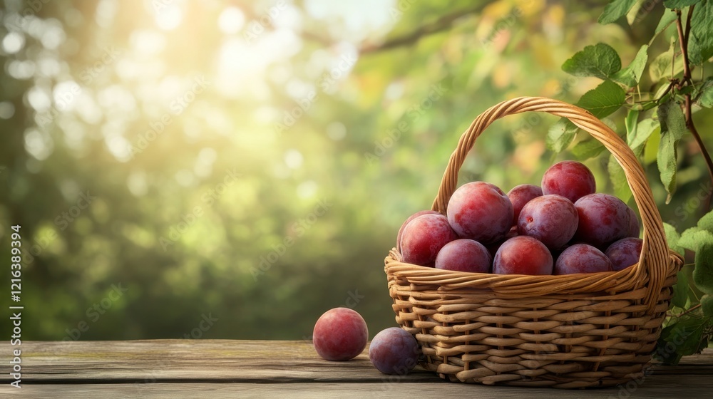 Plums in basket, garden setting, sunlit background, healthy food Plums in basket, garden setting, sunlit background, healthy food
