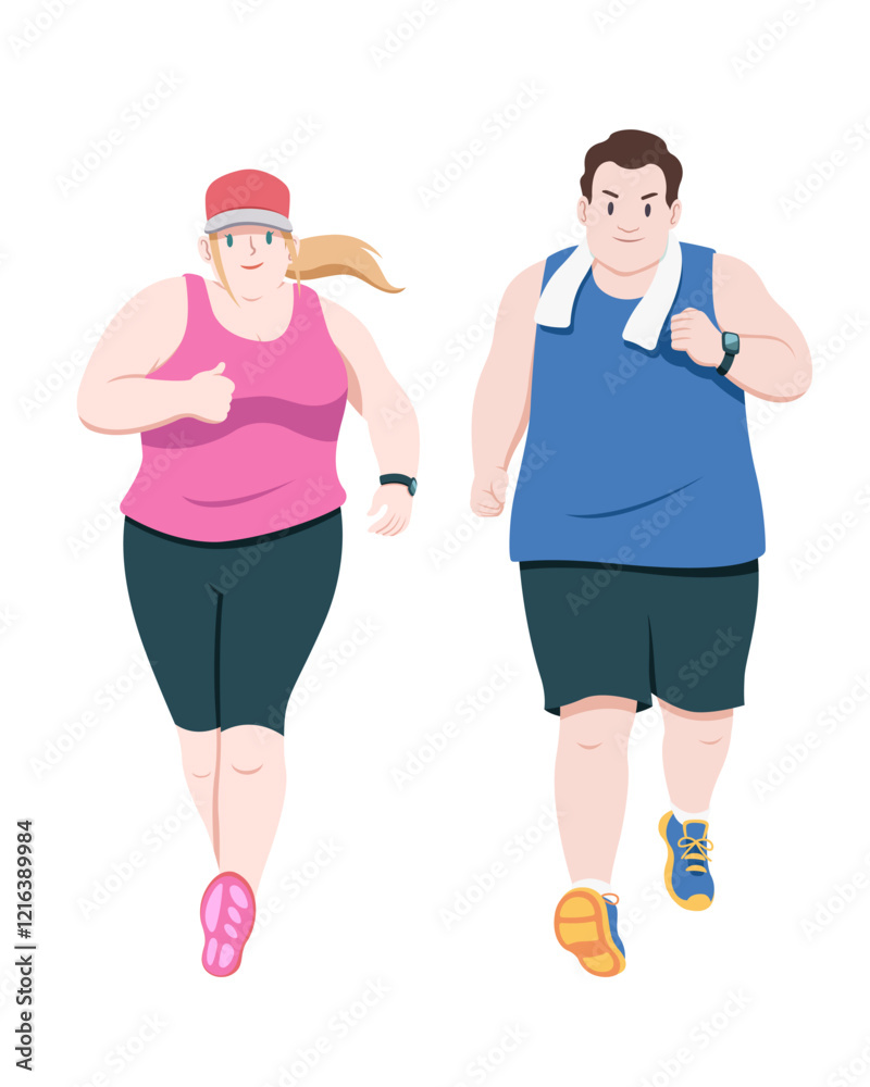 Flat style fat runner couple running cartoon illustration Flat style fat runner couple running cartoon illustration