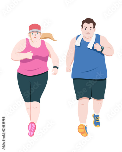 Flat style fat runner couple running cartoon illustration