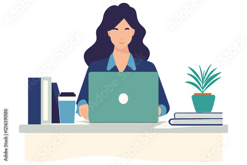 Focused Woman Typing on Laptop at Organized Desk with Books and Coffee