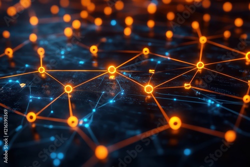 Dynamic network nodes with illuminated elements, representing digital connectivity.