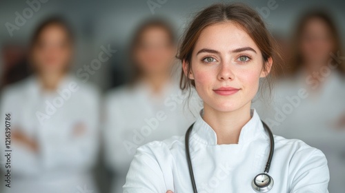 Confident Female Doctor with Stethoscope Leading Medical Team in Hospital