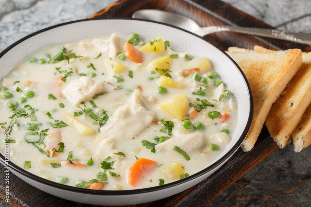 Thick creamy Chicken Pot Pie Soup with toasts closeup on the wooden board on the table. Horizontal