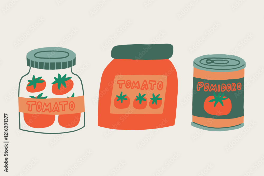 Set Tomato Can Jar. Collection Vegetable Box Pack. Hand Drawn Vector Isolated Illustration Set Tomato Can Jar. Collection Vegetable Box Pack. Hand Drawn Vector Isolated Illustration