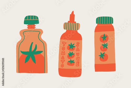 Set Tomato Ketchup Juice Puree. Vegetable Pack with Tomato Cherry. Hand Drawn Vector Isolated Illustration