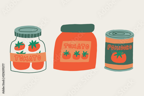 Set Tomato Can Jar. Collection Vegetable Box Pack. Hand Drawn Vector Isolated Illustration