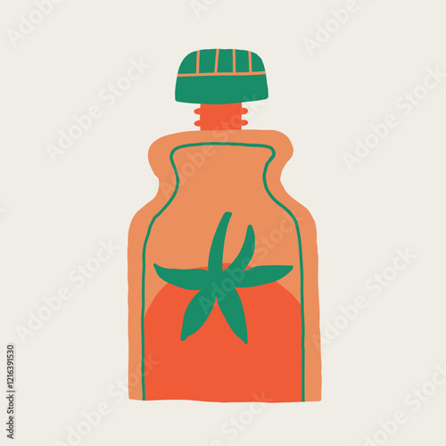 Tomato Vegetable Puree Pack. Sachet Bag with Tomaro Cherry. Mesh with Tomatoes. Hand Drawn Vector Isolated Illustration