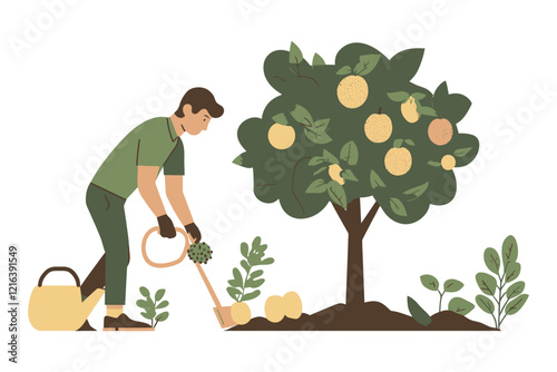 Farmer Watering and Caring for Fruit Trees and Plants in Different Growth Stages