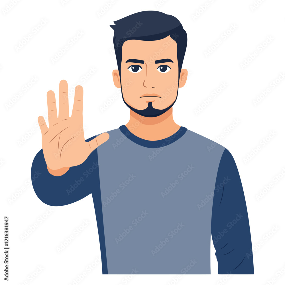 Serious Man Gesturing Stop with Raised Hand in Blue Shirt Illustration Serious Man Gesturing Stop with Raised Hand in Blue Shirt Illustration