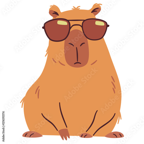 Flat vector illustration in a simple children's style. Cute cool capybara in sunglasses. Vector illustration