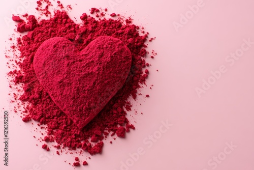 Heart made of red powder is on a pink background. The heart is surrounded by a pile of red powder, giving it a romantic and intimate feel