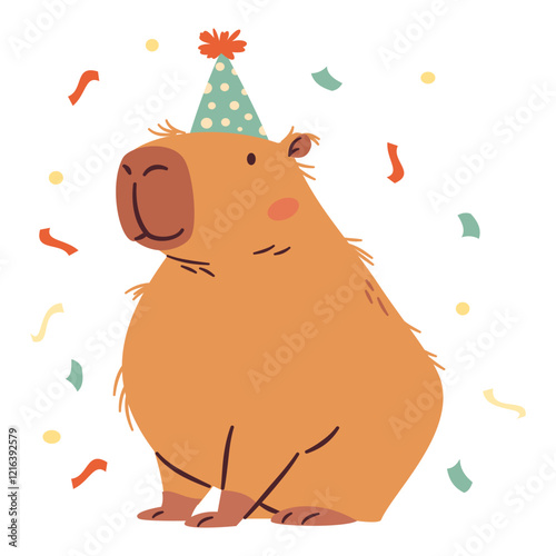 Flat vector illustration in a simple children's style. Cute cool capybara birthday cap, birthday party. Vector illustration