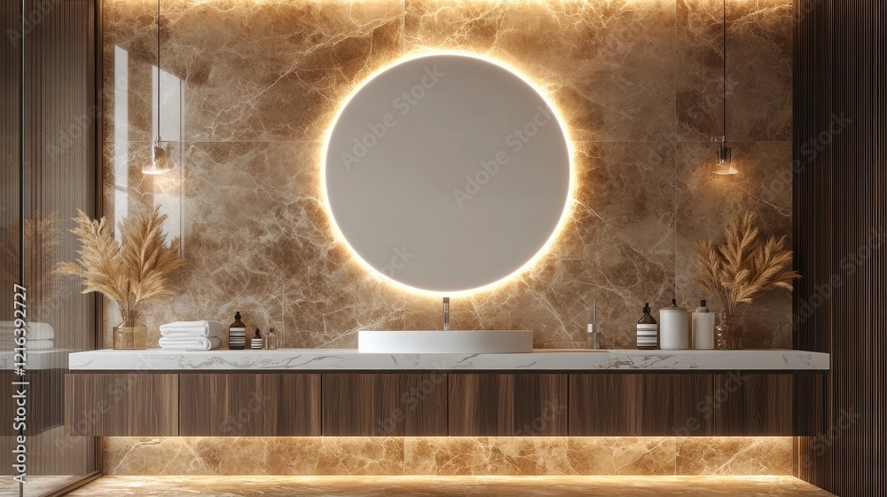 Obraz premium Modern Luxury Bathroom Design with Marble Walls and Round Mirror: A Serene and Elegant Space