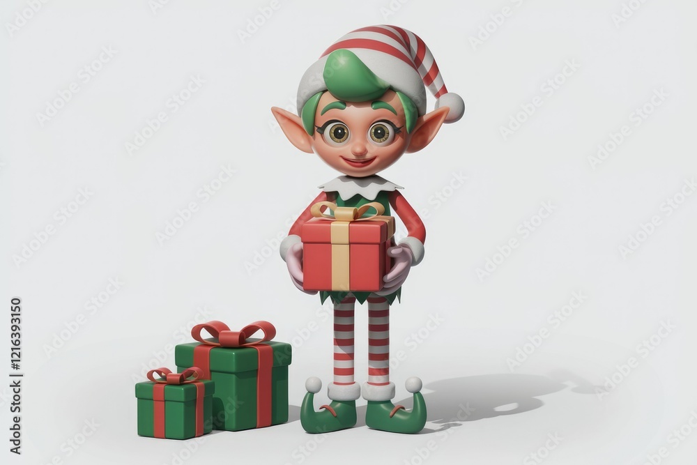 A cheerful Christmas elf holds a gift, standing near two wrapped presents, festive and joyful. A cheerful Christmas elf holds a gift, standing near two wrapped presents, festive and joyful.
