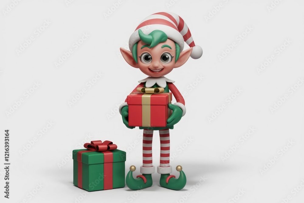 A cheerful Christmas elf holds a red gift box, another green gift box sits beside him. A cheerful Christmas elf holds a red gift box, another green gift box sits beside him.