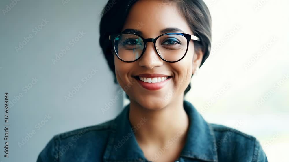 Thoughtful Young Woman Smiling in Glasses Thoughtful Young Woman Smiling in Glasses