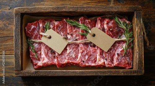 A wooden tray filled with various cuts of fresh meat,