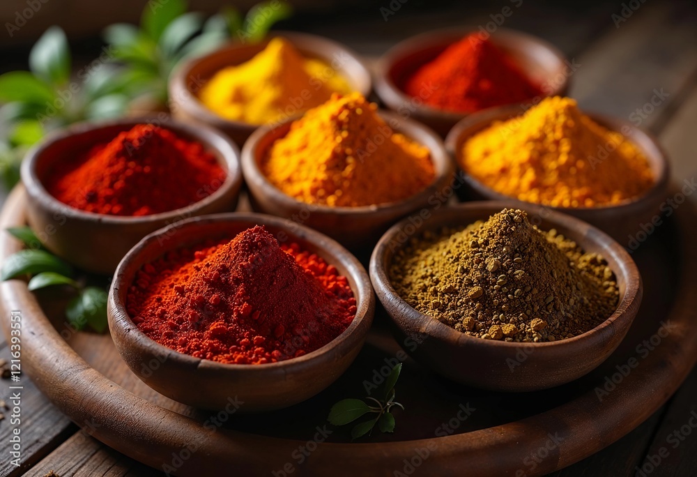Vibrant Spices Arranged in Rustic Bowls on a Wooden Table Invite Culinary Creativity. Generative AI Vibrant Spices Arranged in Rustic Bowls on a Wooden Table Invite Culinary Creativity. Generative AI