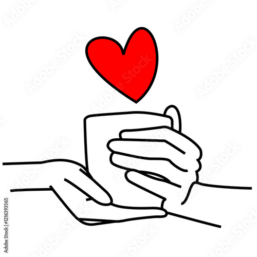 Hands offering a cup with heart symbol, warmth. Love, care, and support. Hands holding a drink with a heart above. Valentine's Day celebrations. Hands offering a hot beverage with a heart symbol.