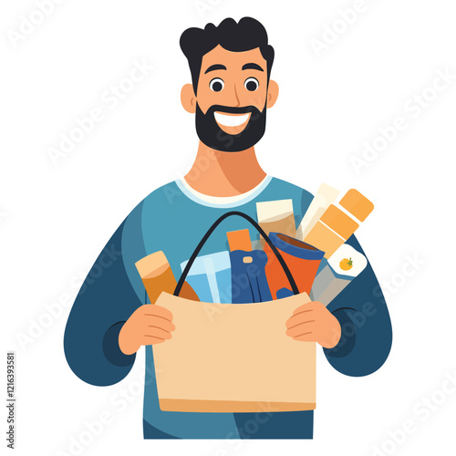 Smiling Man Holding Grocery Bag with Various Packaged Food Items