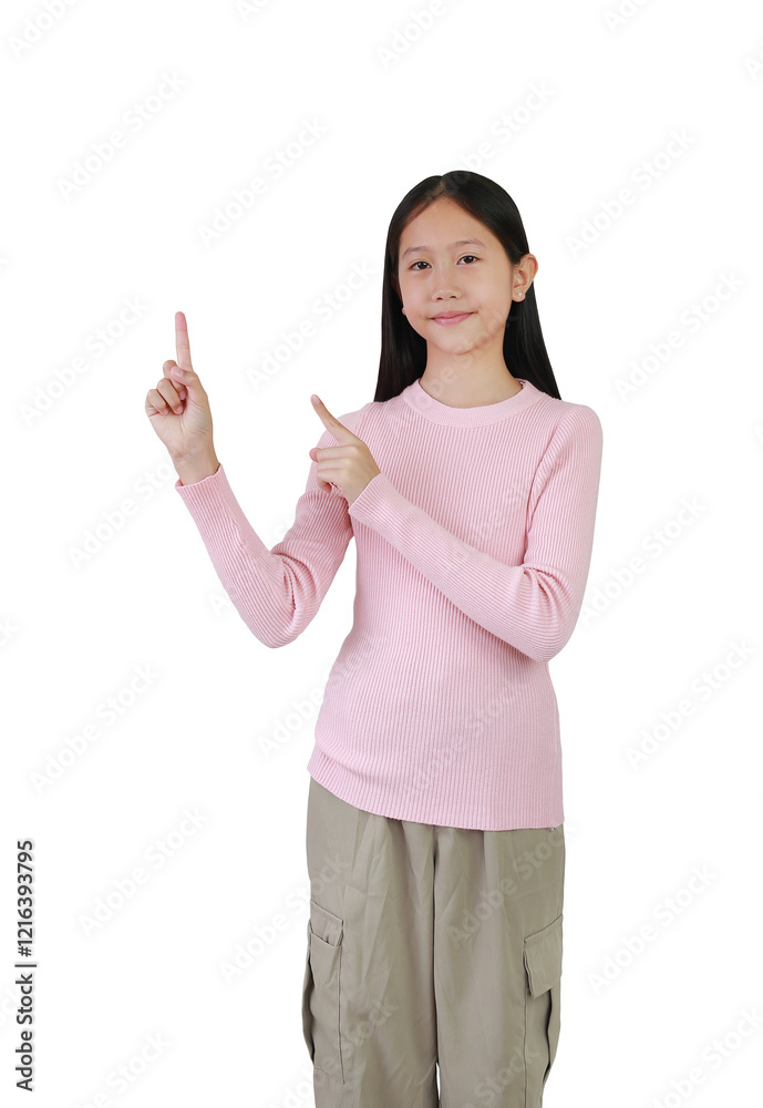 Portrait of Asian girl child point both index finger up on empty space and looking camera isolated on white background. Image half length, Advertising concept. Portrait of Asian girl child point both index finger up on empty space and looking camera isolated on white background. Image half length, Advertising concept.