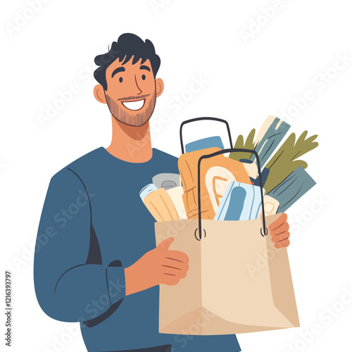 Bearded Man with Grocery Bag Containing Fresh Produce and Packed Food Items