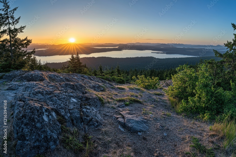 Sunset over mountain lake vista, panoramic view Sunset over mountain lake vista, panoramic view