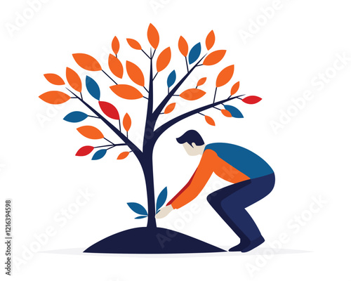 Person planting a sapling near a colorful tree to promote environmental care